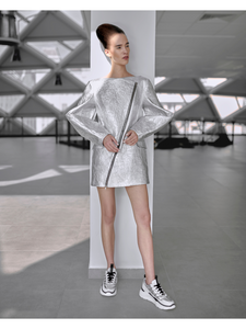 silver coat dress Ruched Metallic Silver Jacket Dress